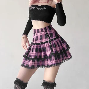 Lolita Cake Minigonne Gotico Giapponese Harajuku Ragazze Viola Rosa Gonna a pieghe scozzese Punk Dolce pizzo Kawaii Costume Cosplay 1