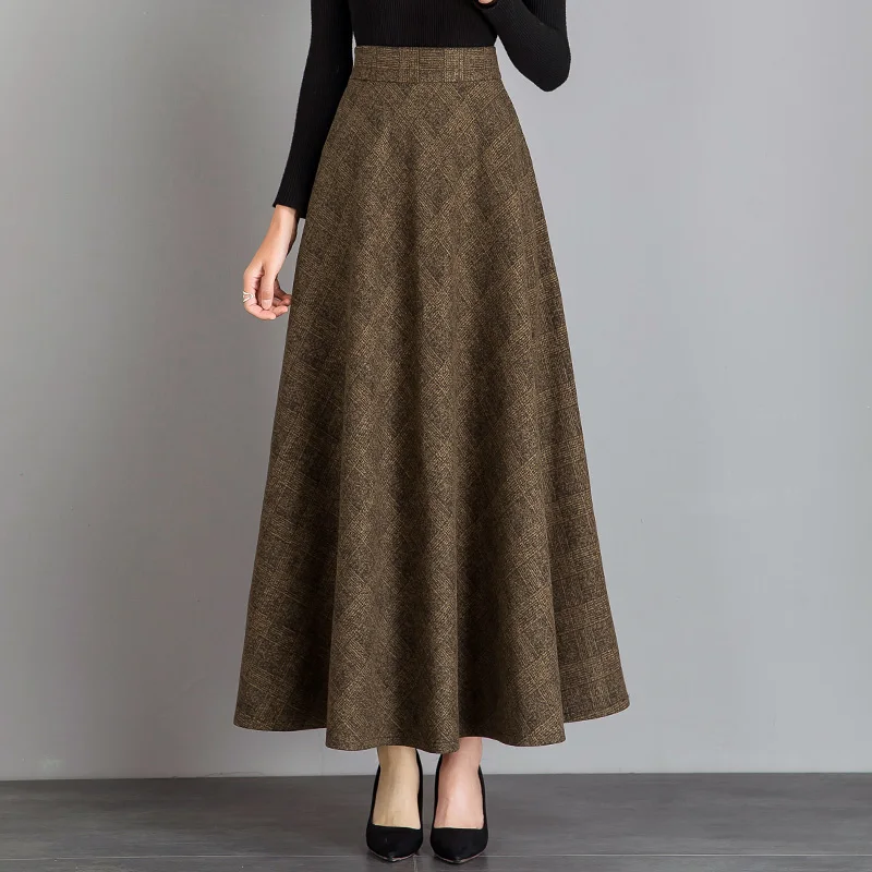 Nuovo Donna Gonna lunga di lana Autunno Inverno Moda Vita alta elastica A-line Gonna a quadri in misto lana Vintage Gonna elegante 4