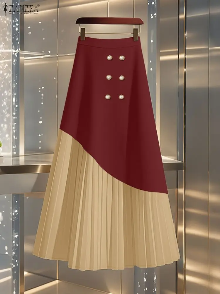 ZANZEA Gonne da donna 2025 Autunno Elegante Vita alta Ufficio Faldas Saia Pieghettato Jupes Elegante Patchwork Robe Femme Lavoro Vestito estivo 1