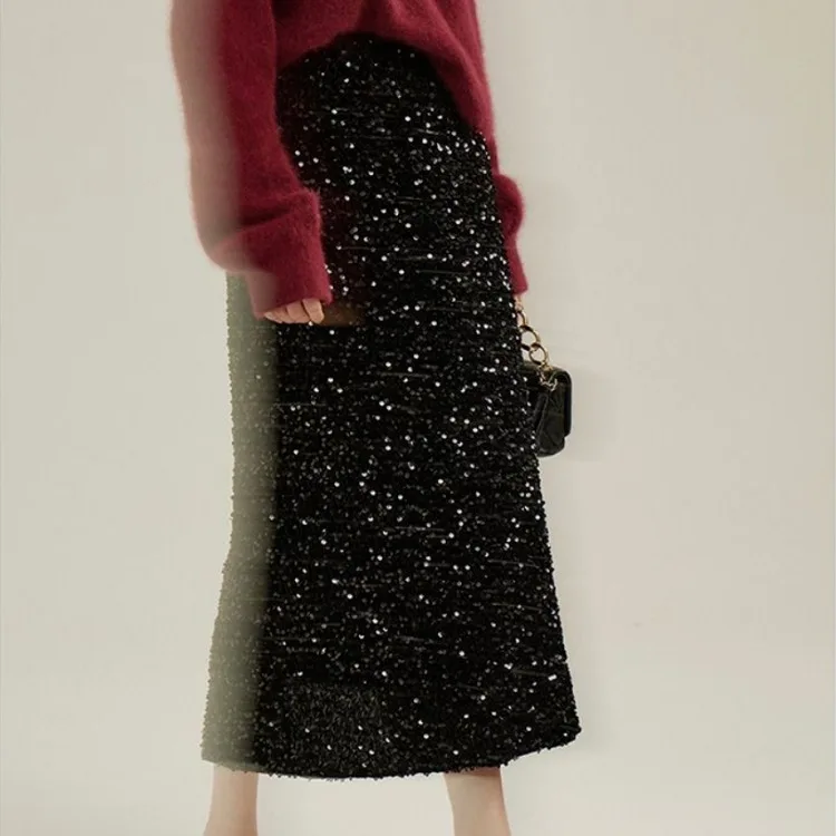 Gonna oversize vintage con paillettes scintillanti per le donne Y2k Gonne aderenti a vita alta 2025 Inizio primavera Nuovo All-match Faldas Mujer 2