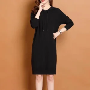 Abito invernale con cappuccio lavorato a maglia Abito da donna elegante dimagrante a maniche lunghe Abbigliamento da donna stagione autunno/inverno 1