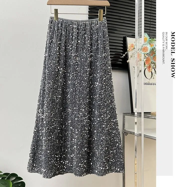 Gonna oversize vintage con paillettes scintillanti per le donne Y2k Gonne aderenti a vita alta 2025 Inizio primavera Nuovo All-match Faldas Mujer 3