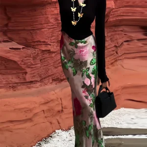 Abbigliamento donna Elegante vintage in raso con stampa floreale Gonne lunghe chic di lusso Gonna maxi da festa sottile a vita alta elegante femminile 1