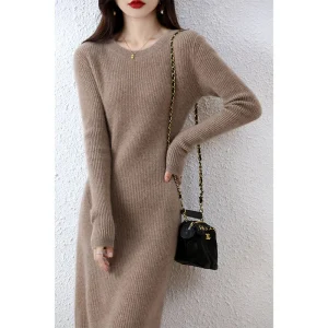 Elegante maglione di Cashmere abiti da donna 100% lana Merino moda lavorata a maglia o-collo abito manica lunga autunno inverno gonna calda Casual 1