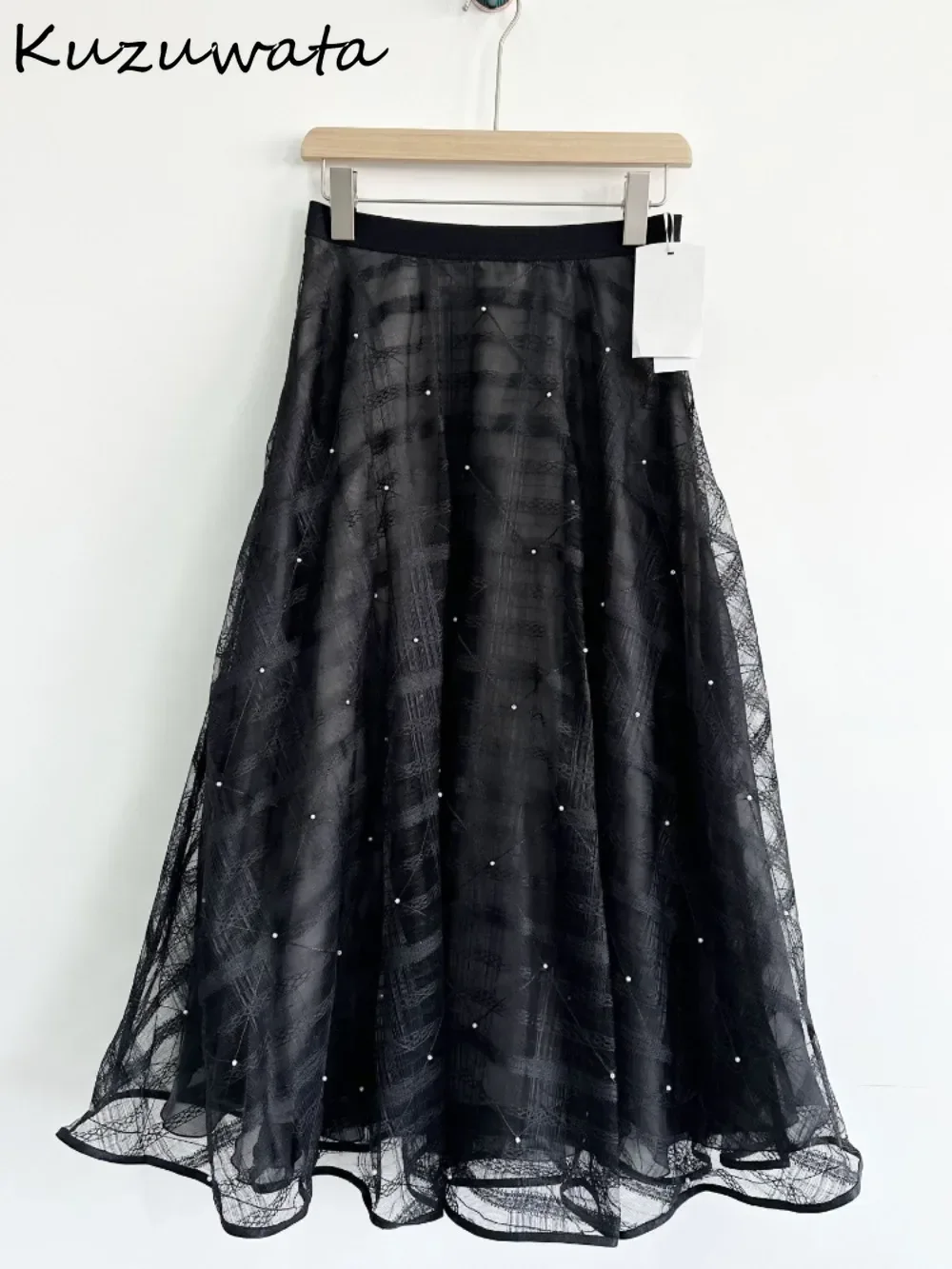 Kuzuwata Gonna scozzese a trapezio a vita alta tutto-fiammifero Gonne ricamate con stampa a pannelli di media lunghezza Giappone Elegante lucido Falda squisita 6