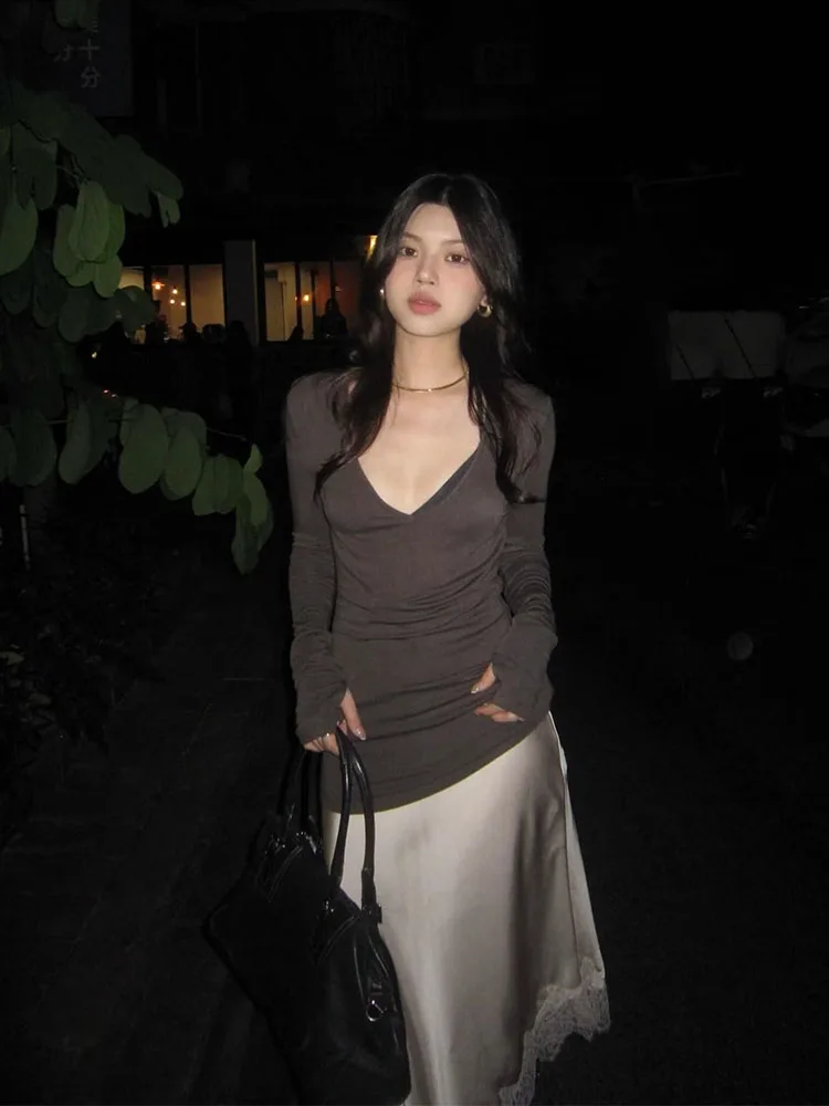 HH Donna Primavera Moda Pendolarismo Raso di seta Orlo asimmetrico Decorazione in pizzo Gonna femminile Casual Street Style Gonna di media lunghezza 4