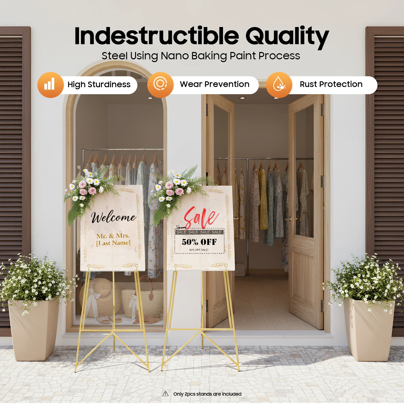 Confezione da 2 cavalletti portatili in oro per cartelli e poster di nozze, cavalletto artistico portatile regolabile da 113 cm per visualizzare cartelli di nozze 5