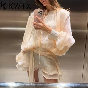 KWTX Elegante pizzo in raso Mini abito chic manica svasata pieghettato abito senza schienale nuova estate femminile cena festa spiaggia Vestido 2025 1