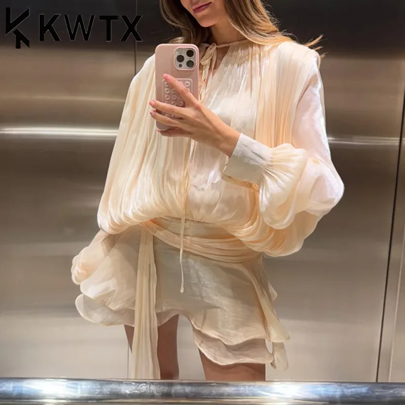 KWTX Elegante pizzo in raso Mini abito chic manica svasata pieghettato abito senza schienale nuova estate femminile cena festa spiaggia Vestido 2025 1