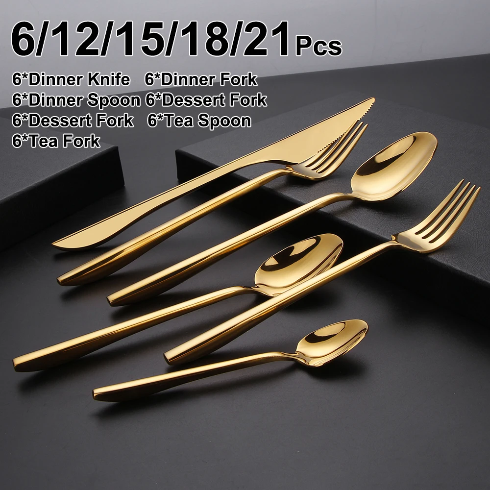 6/12/15/18/21 Pezzi Set di Posate in Oro Acciaio Inossidabile 304 Stoviglie Specchio Elegante Coltello Forchetta Cucchiaio Set da Cena Occidentale 1