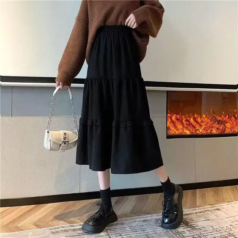 Autunno Inverno Nuova moda Elastico in vita Solido Abbigliamento donna Coreano Semplicità Tendenza Shirring Tendenza Dolce stile occidentale Gonne 5