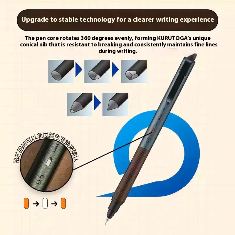 Portamine originale UNI Kurutoga con rotazione automatica 0,5 mm 360 ° Pennino ammortizzatore in resina con piombo rotante Matite automatiche Strumenti di alto valore 5