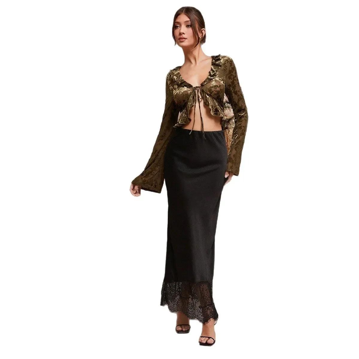 Elegante gonna con superficie in raso patchwork di pizzo Sensazione di fascia alta Fonte di moda da donna Gonna longuette in fibra di poliestere 4