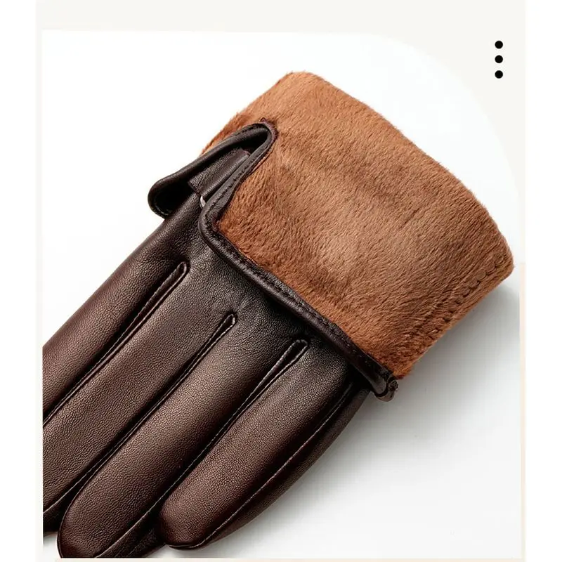 Guanti invernali in vera pelle di pecora da uomo Guanti da moto da guida per ciclismo all'aperto foderati in velluto caldo con touchscreen a dito intero 5