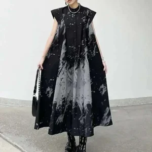 EAM Donna Modello nero stampato Abito camicia longuette di grandi dimensioni Nuovo colletto alla coreana senza maniche Moda marea Primavera Estate 2025 1DH5837 1