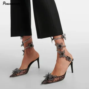 Fashion Mesh Lace Fowers donna décolleté sandali Sexy Snake Coild strass Stiletto tacchi alti estate autunno scarpe da ballo di nozze 1