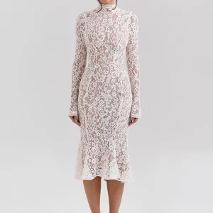 Abito longuette sexy a maniche lunghe in pizzo Mozision per donna Elegante abito lungo sexy da festa aderente a vita alta con collo a metà alto bianco 1