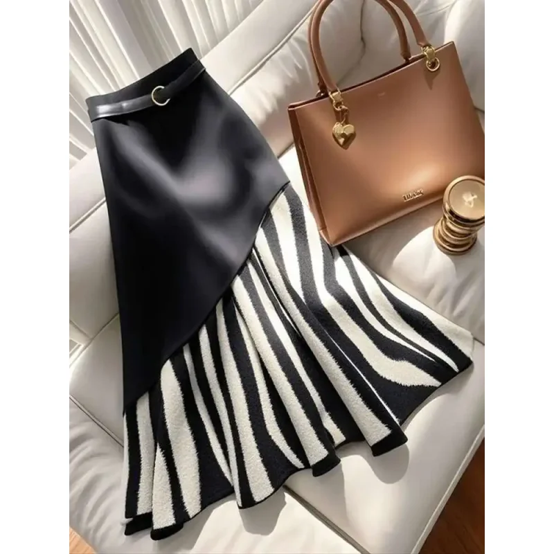 Gonna a sirena sottile con design irregolare con cintura avvolta sui fianchi Gonna mezza lunga patchwork a righe nuova marea primavera 2025 da donna 5