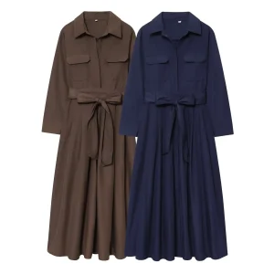 DiYiG DONNA 2025 Inverno Nuova Moda con Cintura Abito a Maniche Lunghe Chic Tasca Drappeggiato Abito Sottile Abiti Mujer 1