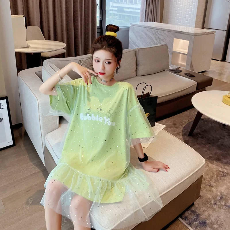 Abito t-shirt midi con giunture in rete alla moda, manica corta da donna, design elegante, abito casual comodo primavera estate 4