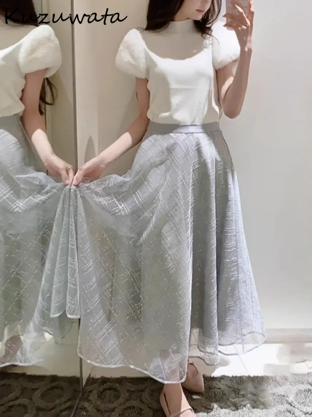 Kuzuwata Gonna scozzese a trapezio a vita alta tutto-fiammifero Gonne ricamate con stampa a pannelli di media lunghezza Giappone Elegante lucido Falda squisita 5