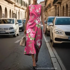 Abito a righe con pittura a olio artistica Gonna lunga elegante Manica corta Scollo a V Vita bassa Abito da stazione indipendente taglie forti 1