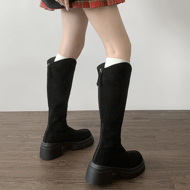 Stivali alti slim elasticizzati da donna vintage Moda cerniere posteriori Scarpe Autunno Inverno Stivaletti lunghi da cavaliere da donna con tacco spesso 4