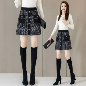 Autunno Inverno Temperamento Patchwork Vita alta Gonna a trapezio Donna All-match Bottoni alla moda Gonne spesse sottili Gonna da donna 1