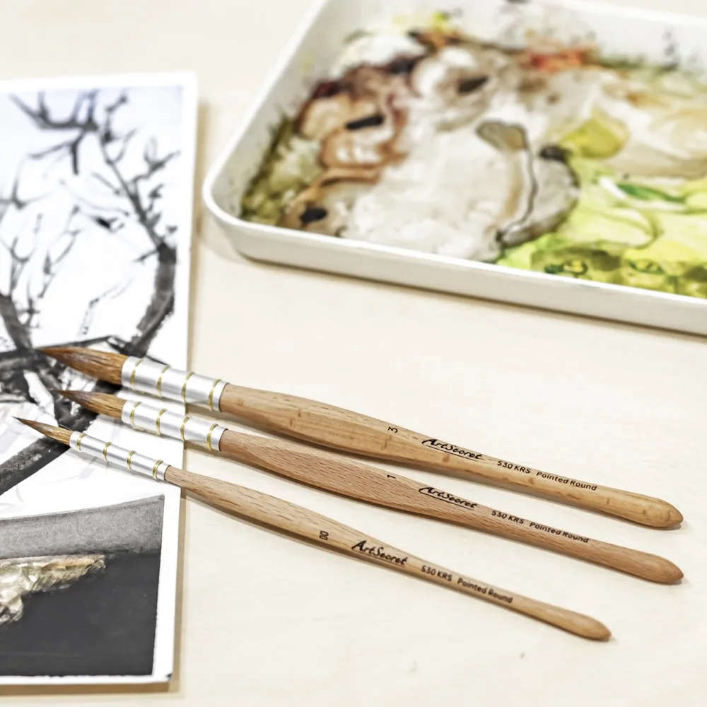 Artsecret 530KRS 3 PZ/SET Punta Rotonda Pennelli Professionali per Pennello per Acquerello Acrilico Resistente alle Crack Punta Artista Quill 2