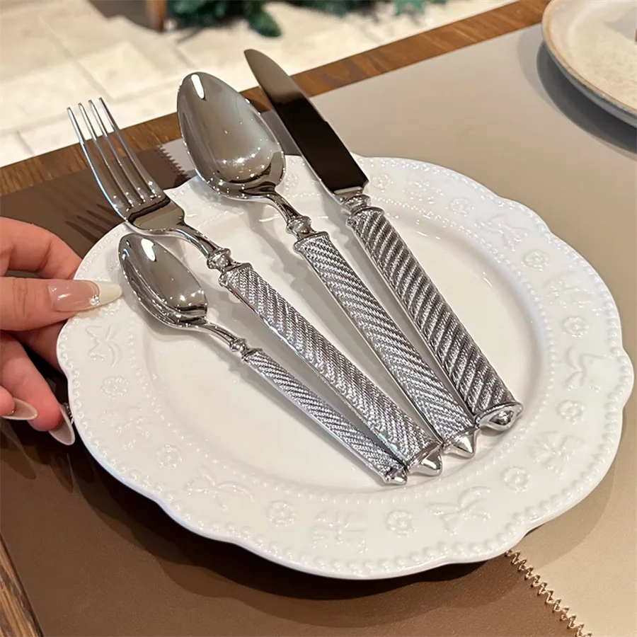 Silver Luxury Fashion Cutlery Set 18/10 Stainless Steel Creativity Gift Roman Column Flatware 304 Drop Shipping 6