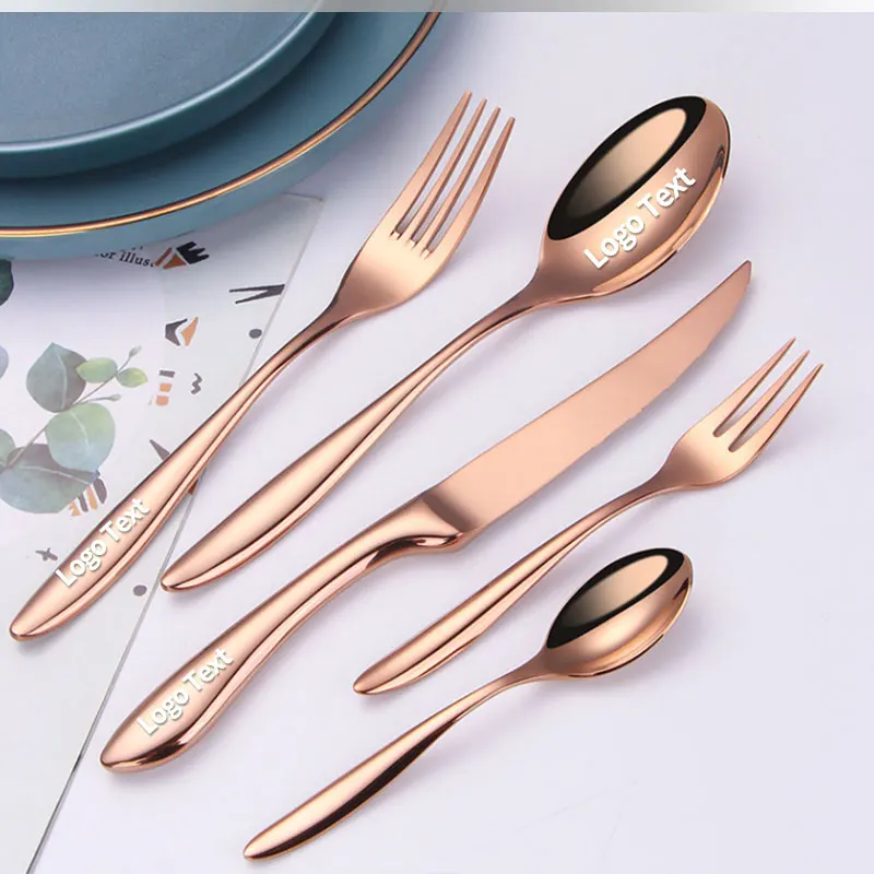 Set di posate con logo personalizzato gratuito da 5 set/5 pezzi, cucchiaio/forchetta/coltello in acciaio inossidabile 304 con logo personalizzato inciso al laser per hotel/caffetteria 3