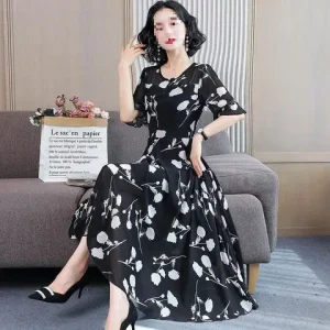 Abito estivo da donna lungo al ginocchio con stampa floreale ingombrante in vita Abito girocollo con maniche da principessa taglie forti alla moda 1