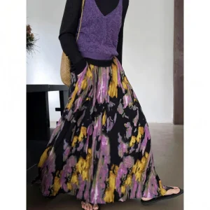 Mezza gonna con blocco della carne retrò a pieghe avanzate 2025 Gonna lunga stampata dimagrante di nuova moda 1