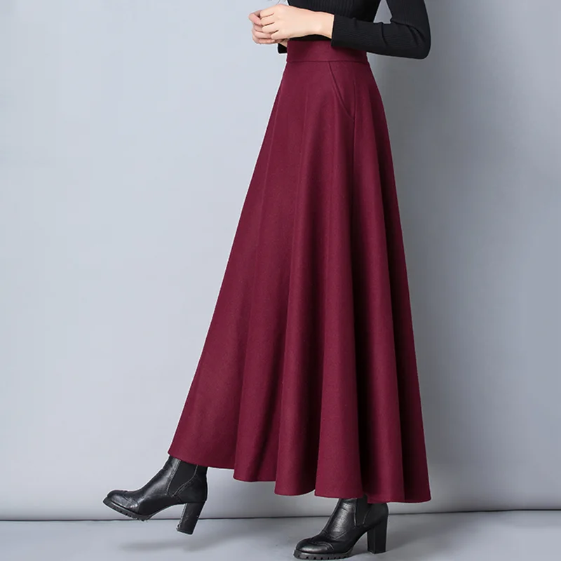 Lucyever Gonna lunga di lana delle nuove donne di inverno Elegante vita alta di lana Una linea Gonne Donna Casual Spessa Tasca calda Maxi Gonne 5