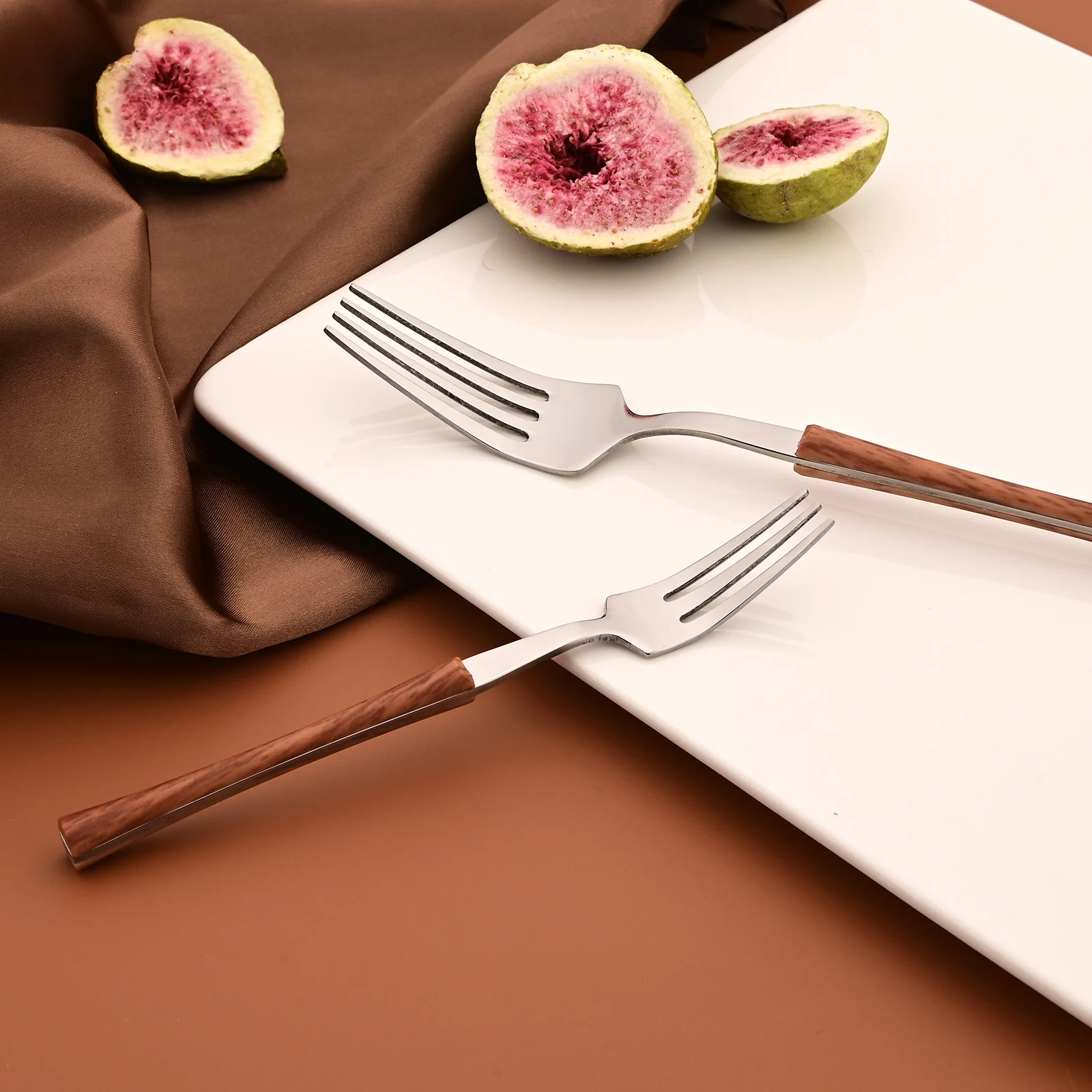 Western 6/30Pcs manico in legno imitazione posate coltello torta forchetta cucchiaio da tè posate Set di stoviglie in acciaio inossidabile argento marrone 3