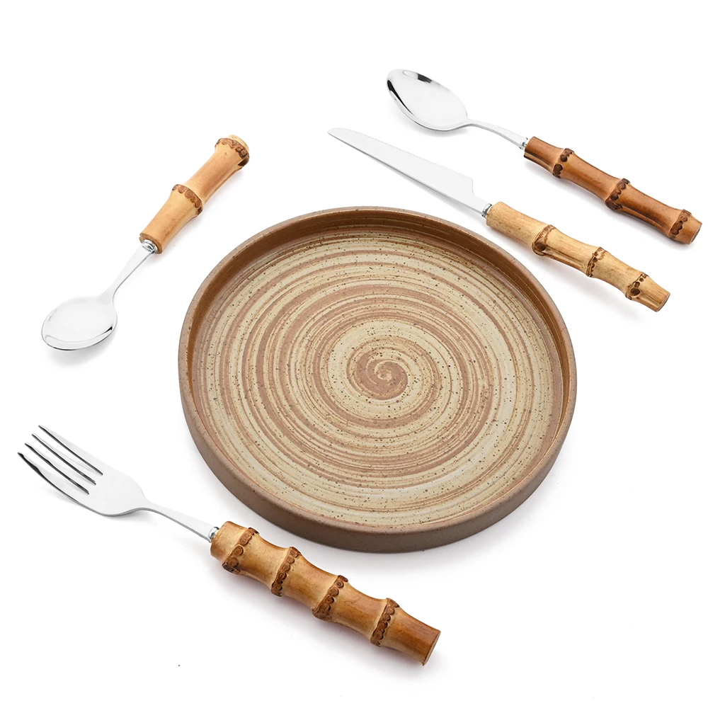 4/16/24/32 pezzi creativo manico in bambù naturale set di stoviglie set di stoviglie in acciaio inossidabile coltello da cucina forchetta cucchiaio set di posate 6