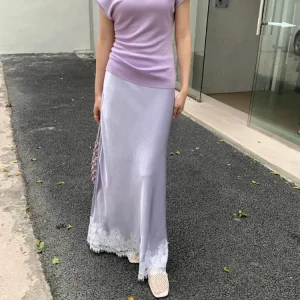 Gonna longuette patchwork in raso di pizzo 2025 Primavera Estate Elegante gonna a trapezio a sirena setosa Dimagrante e versatile Abiti da data/festa 1