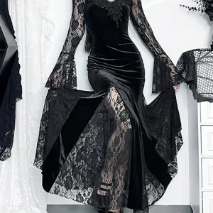 AltGoth Estetico Gotico Abito Midi Donna Vintage Elagnt Patchwork di Pizzo Vedere Attraverso Manica Svasata Vita Alta Clubwear Abito Femme 1