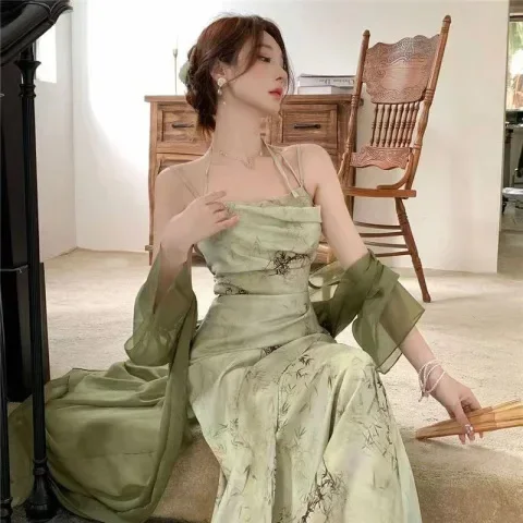 Nuovo abito con cinturino retrò in stile cinese da donna, cardigan aperto estivo, vita stretta, sottile, floreale, lungo, in due pezzi, abito elegante 1