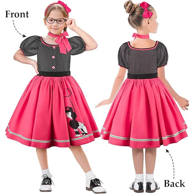 Abiti da festa per ragazze Abito estivo Stampa barboncino Abito vintage a pois con abito sciarpa Abiti estivi casual per ragazze Compleanno 4