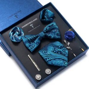 Cravatta di alta qualità per uomo Cravatta Paisley blu fazzoletti da taschino Gemelli Spilla Set Scatola per cravatta Accessori da sposa Regali di San Valentino 1