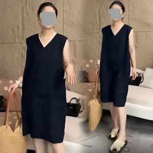 Abito gilet in lino artistico retrò senza maniche con scollo a V gonna midi a trapezio comodo stile casual colore puro primavera estate novità 1