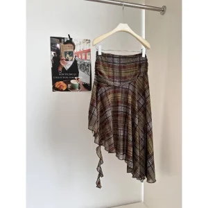 Gonna di media lunghezza dal design autunnale da donna scozzese smussato irregolare con nastro a pieghe retrò casual 1