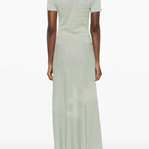 Abito lungo in maglia con temperamento di nuova moda primavera estate donna elegante bottone con perle o-collo manica corta abito sottile da donna 1