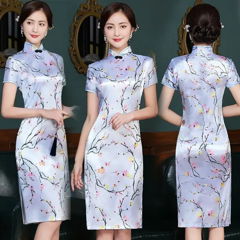 Abito cheongsam di media lunghezza versione dimagrante estiva Abito da silhouette elegante stile rifformato alla moda da donna 2