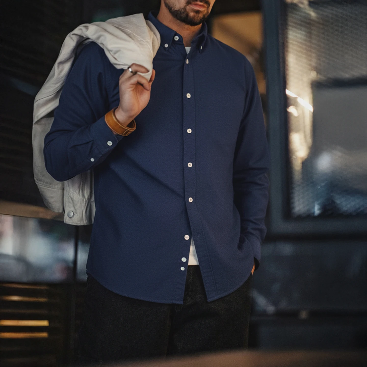 Maden Camicia Oxford vintage Camicia a maniche lunghe in cotone spazzolato da uomo Camicetta monopetto Top a strati tinta unita per l'autunno 1