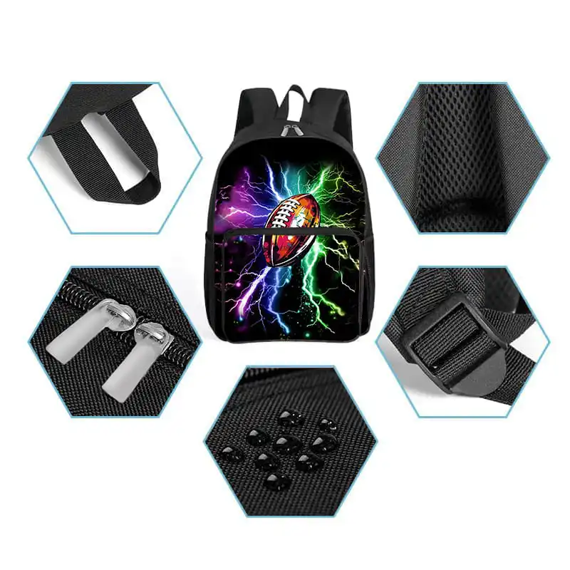 Zaino con tasca frontale quadrata con motivo rugby, cerniera, grande capacità, per ragazzi e ragazze, miglior regalo, borsa da scuola per bambini con cartoni animati 3D 5