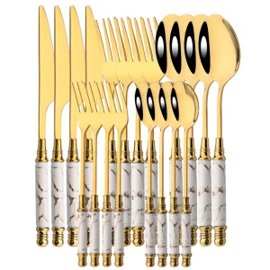 Set di stoviglie con manico in ceramica a specchio Set di posate per cucchiaio da forchetta in oro bianco Set di posate da tavola in acciaio inossidabile Set da pranzo 1