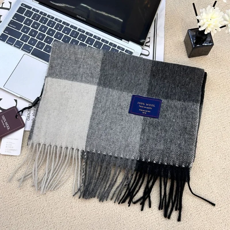 Sciarpa da uomo 100% lana scozzese caldo morbido silenziatore donna inverno autunno coppia cashmere antivento striscia nappa scialle sciarpa spessa maschile 4