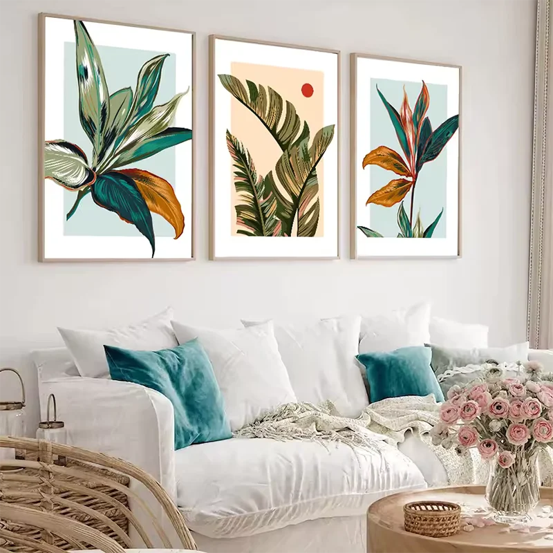 Set di 3 poster colorati su tela botanica tropicale stampa foglie floreali pittura murale immagine per camera da letto arredamento moderno per la casa 3